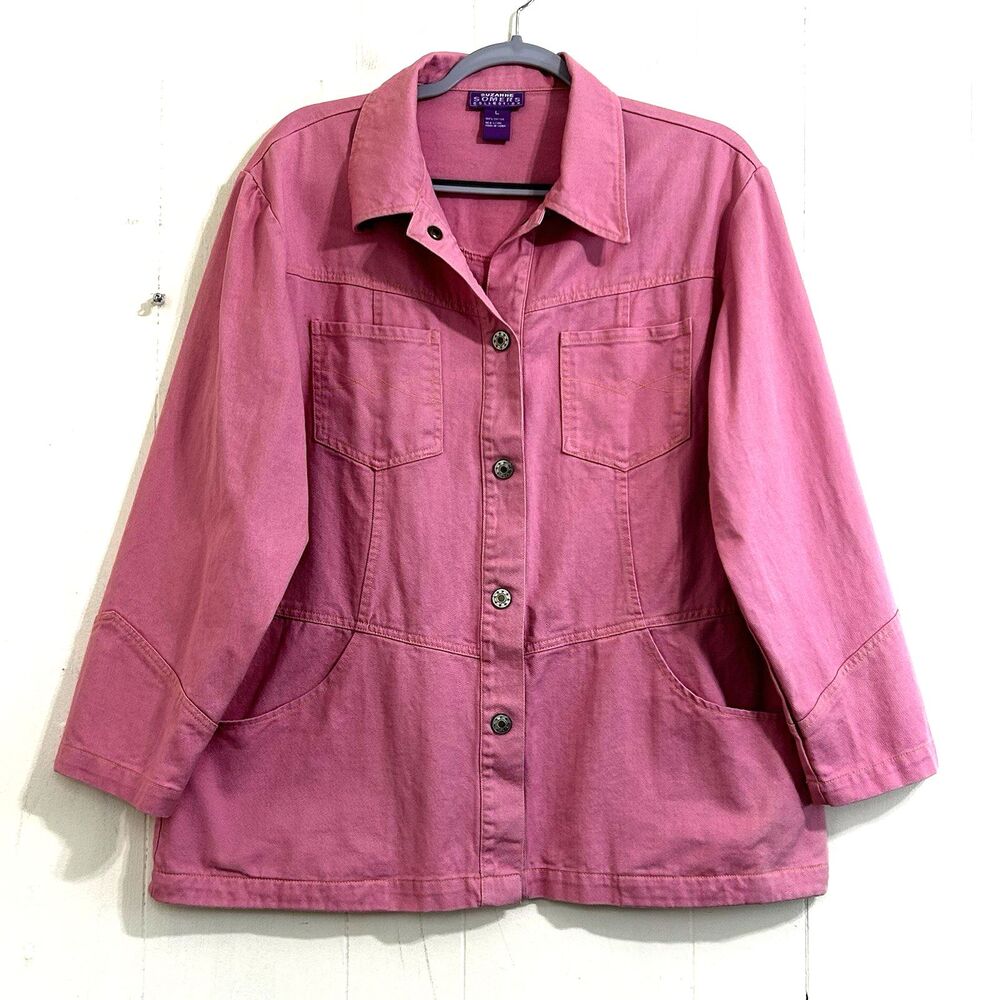 Suzanne Somers Collection Denim Pink Jacket Size Large Button Snap Long Sleeve.